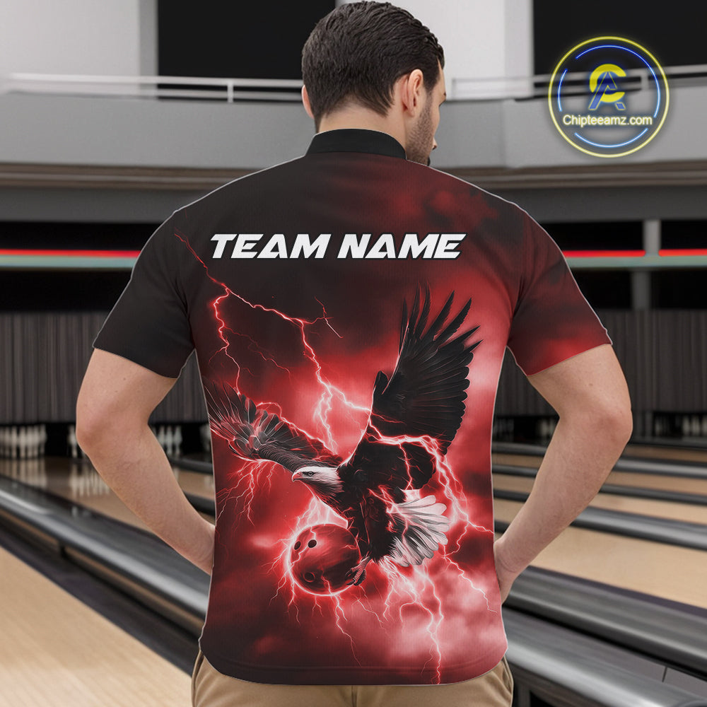 Custom Red Thunder Lightning Eagle Bowling Men Quarter-Zip Shirts, Eagle Bowling Team Jerseys IPHW10147