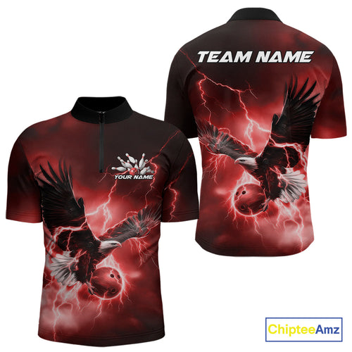 Custom Red Thunder Lightning Eagle Bowling Men Quarter-Zip Shirts, Eagle Bowling Team Jerseys IPHW10147