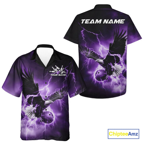 Custom Purple Thunder Lightning Eagle Bowling Men And Women Hawaiian Shirts, Eagle Bowling Team Jerseys IPHW10148