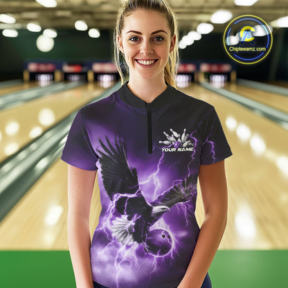 Custom Purple Thunder Lightning Eagle Women Bowling Shirts, Eagle Bowling Team Jerseys IPHW10148