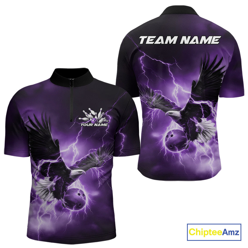 Custom Purple Thunder Lightning Eagle Bowling Men Quarter-Zip Shirts, Eagle Bowling Team Jerseys IPHW10148