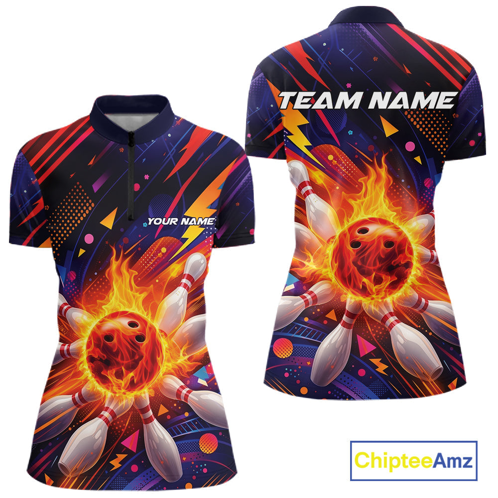 Custom Colorful Fire Flame Bowling Team Women Quarter-Zip Shirt, Bowling League Shirt IPHW10297