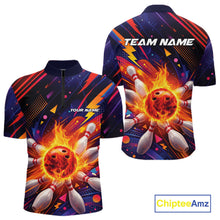 Load image into Gallery viewer, Custom Colorful Fire Flame Bowling Team Men Quarter-Zip Shirt, Bowling League Shirt IPHW10297