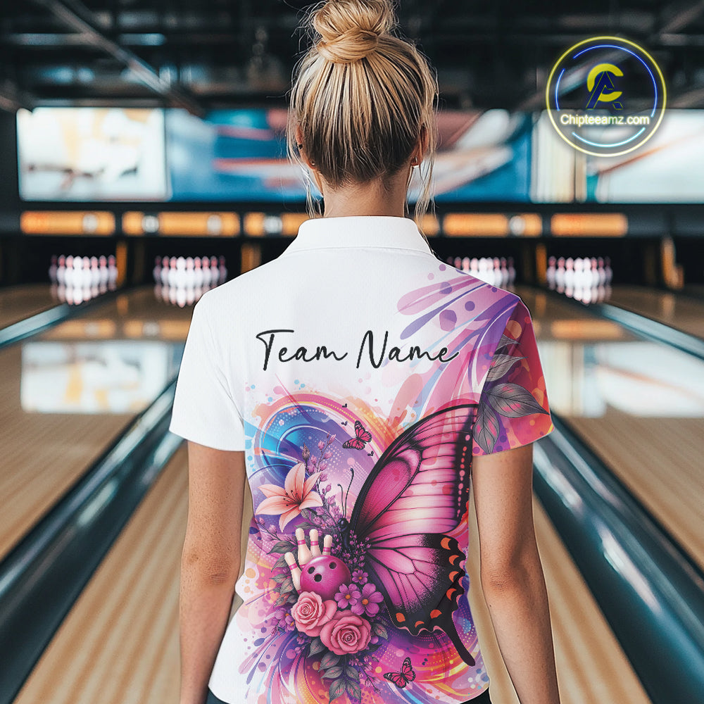 Custom Colorful Butterfly And Roses Flowers Bowling Women Quarter-Zip Shirts With Name IPHW10298