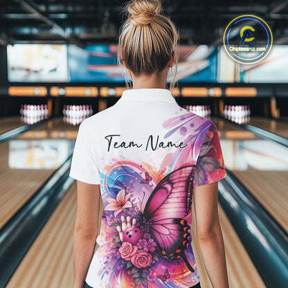 Custom Colorful Butterfly And Roses Flowers Bowling Women Quarter-Zip Shirts With Name IPHW10298