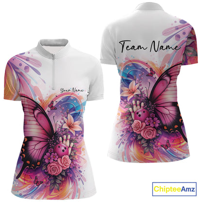 Custom Colorful Butterfly And Roses Flowers Bowling Women Quarter-Zip Shirts With Name IPHW10298