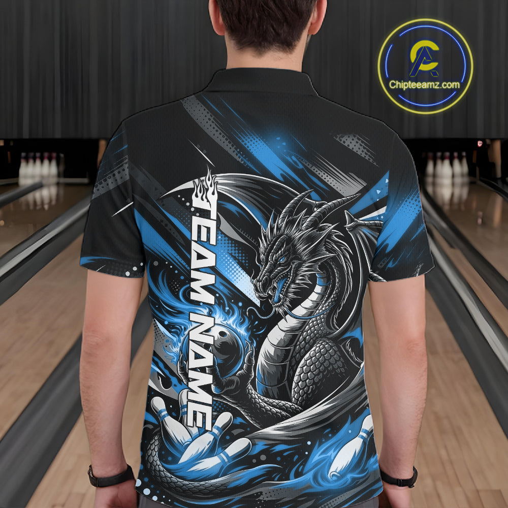 Personalized Black And Blue Dragon Bowling Team Jerseys, Dragon Bowling Polo Shirt IPHW10300