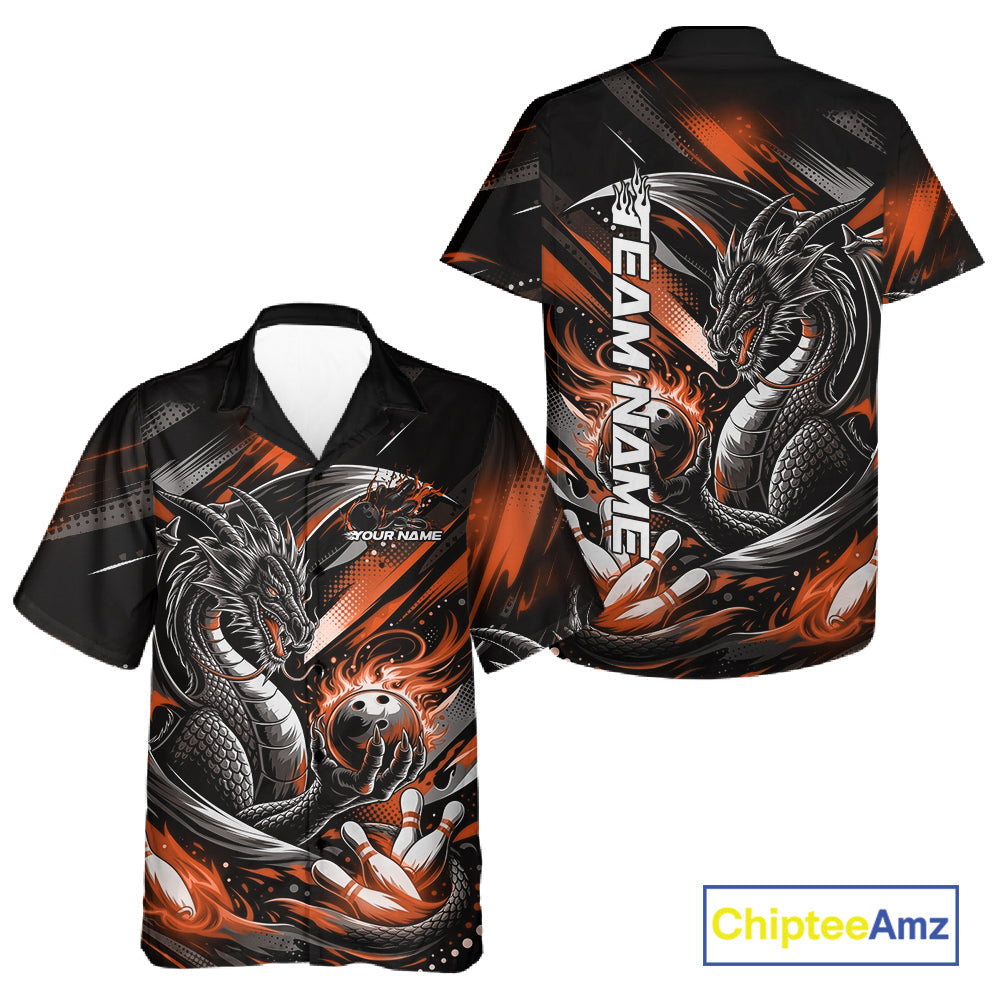 Personalized Black And Orange Dragon Bowling Team Jerseys, Dragon Bowling Hawaiian Shirt IPHW10301