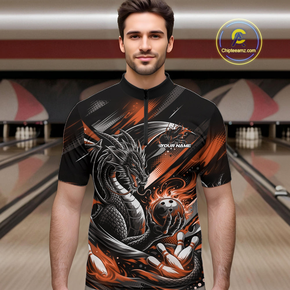 Personalized Black And Orange Dragon Bowling Team Jerseys, Dragon Bowling Quarter-Zip Shirt IPHW10301
