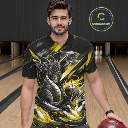Personalized Black And Yellow Dragon Bowling Team Jerseys, Dragon Bowling Polo Shirt IPHW10302