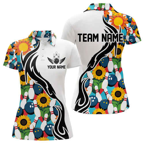Custom Sunflower Bowling Pattern Polo Shirts For Women, Sunflower Bowling Team Shirts IPHW8439