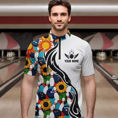 Custom Sunflower Bowling Pattern Quarter-Zip Shirts For Men, Sunflower Bowling Team Shirts IPHW8439