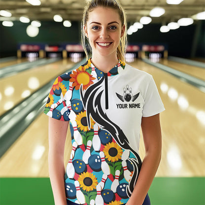 Custom Sunflower Bowling Pattern Quarter-Zip Shirt For Women, Sunflower Bowling Team Shirt IPHW8439