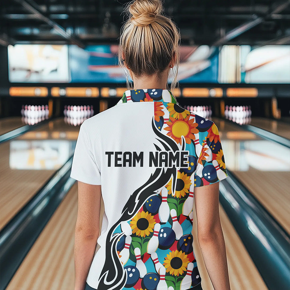 Custom Sunflower Bowling Pattern Quarter-Zip Shirt For Women, Sunflower Bowling Team Shirt IPHW8439