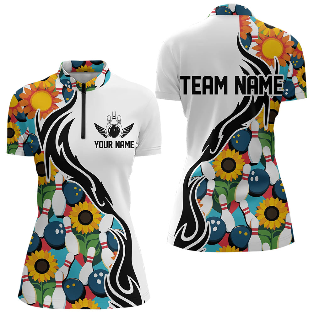 Custom Sunflower Bowling Pattern Quarter-Zip Shirt For Women, Sunflower Bowling Team Shirt IPHW8439
