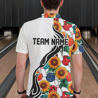 Custom Sunflower Bowling Pattern Polo Shirts For Men, Sunflower Bowling Team Shirts IPHW8440