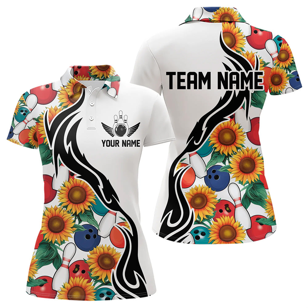 Custom Sunflower Bowling Pattern Polo Shirts For Women, Sunflower Bowling Team Shirts IPHW8440