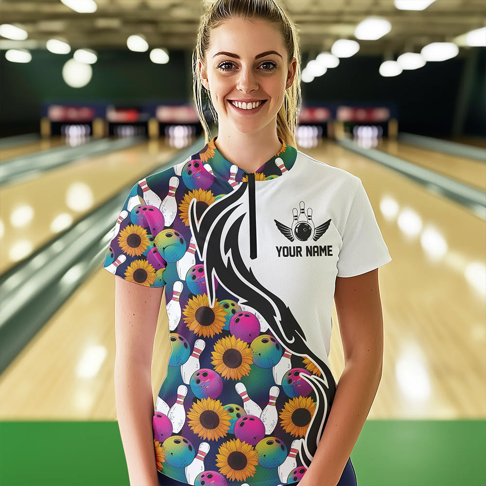 Custom Sunflower Bowling Pattern Quarter-Zip Shirt For Women, Sunflower Bowling Team Shirt IPHW8441