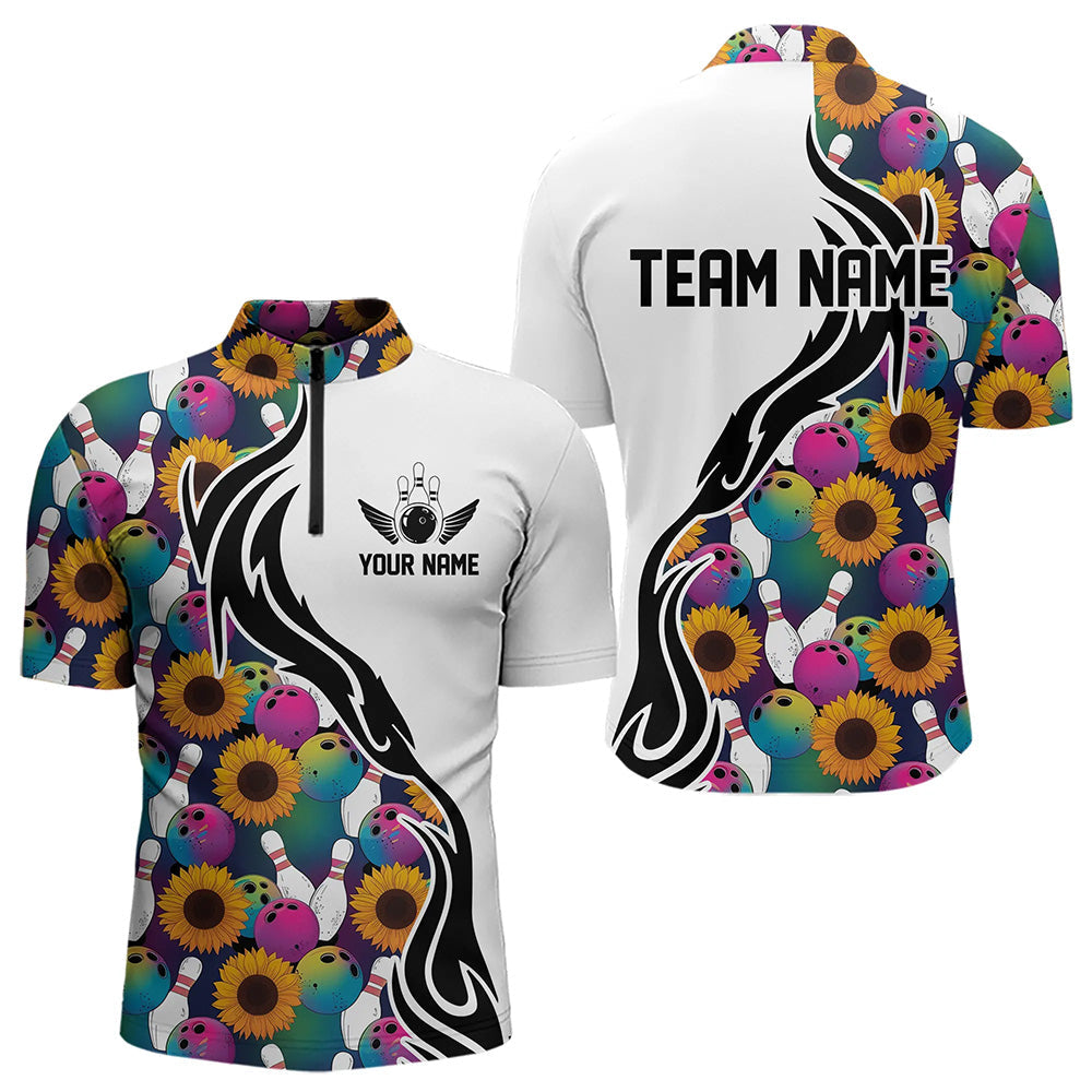 Custom Sunflower Bowling Pattern Quarter-Zip Shirts For Men, Sunflower Bowling Team Shirts IPHW8441