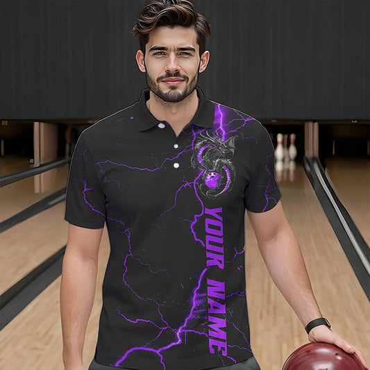 Black And Purple Custom Dragon Bowling Polo Shirts For Men, Dragon Bowling League Shirts IPHW8687