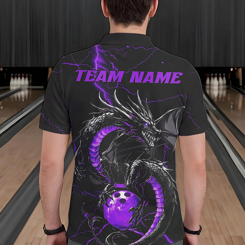 Black And Purple Custom Dragon Bowling Polo Shirts For Men, Dragon Bowling League Shirts IPHW8687