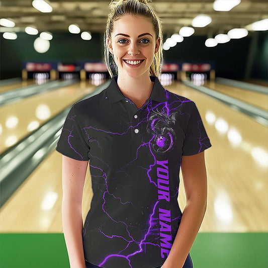 Black And Purple Custom Dragon Bowling Polo Shirts For Women, Dragon Bowling League Shirts IPHW8687