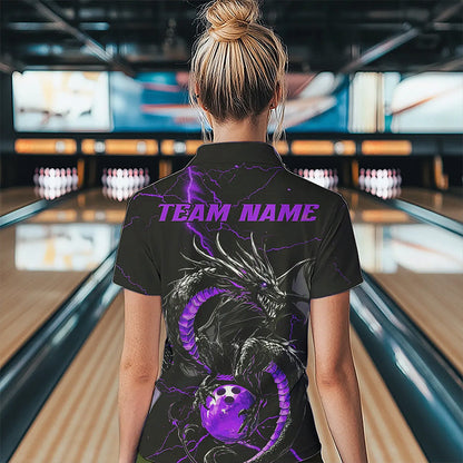 Black And Purple Custom Dragon Bowling Polo Shirts For Women, Dragon Bowling League Shirts IPHW8687