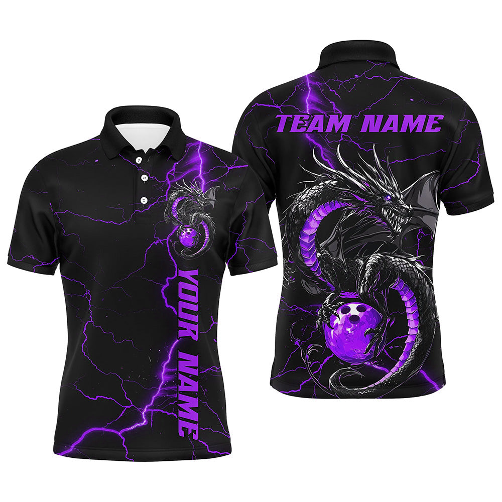 Black And Purple Custom Dragon Bowling Polo Shirts For Men, Dragon Bowling League Shirts IPHW8687