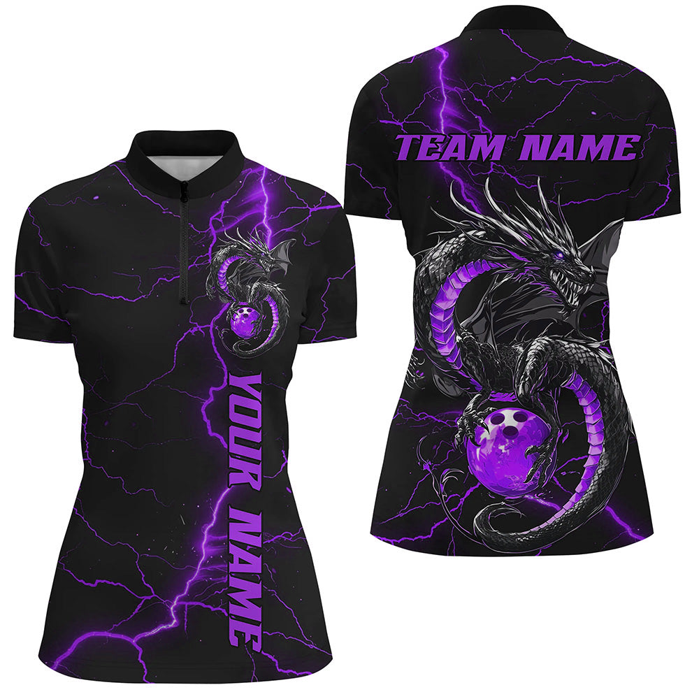 Black And Purple Custom Dragon Bowling Womens Quarter-Zip Shirts, Bowling League Shirts IPHW8687