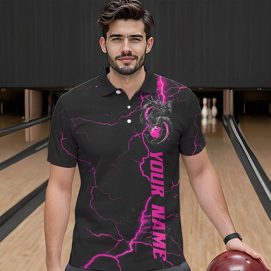 Black And Pink Custom Dragon Bowling Polo Shirts For Men, Dragon Bowling League Shirts IPHW8688
