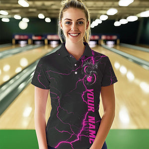 Black And Pink Custom Dragon Bowling Polo Shirts For Women, Dragon Bowling League Shirts IPHW8688