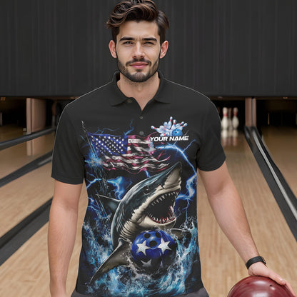 Custom Blue Lightning Patriotic Shark Bowling Team Men Polo Shirts, US Flag Bowling Shirt IPHW8942