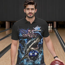 Load image into Gallery viewer, Custom Blue Lightning Patriotic Shark Bowling Team Men Polo Shirts, US Flag Bowling Shirt IPHW8942