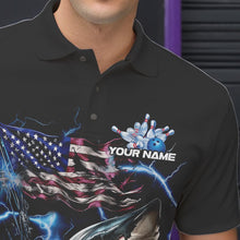 Load image into Gallery viewer, Custom Blue Lightning Patriotic Shark Bowling Team Men Polo Shirts, US Flag Bowling Shirt IPHW8942
