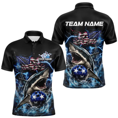 Custom Blue Lightning Patriotic Shark Bowling Team Men Polo Shirts, US Flag Bowling Shirt IPHW8942