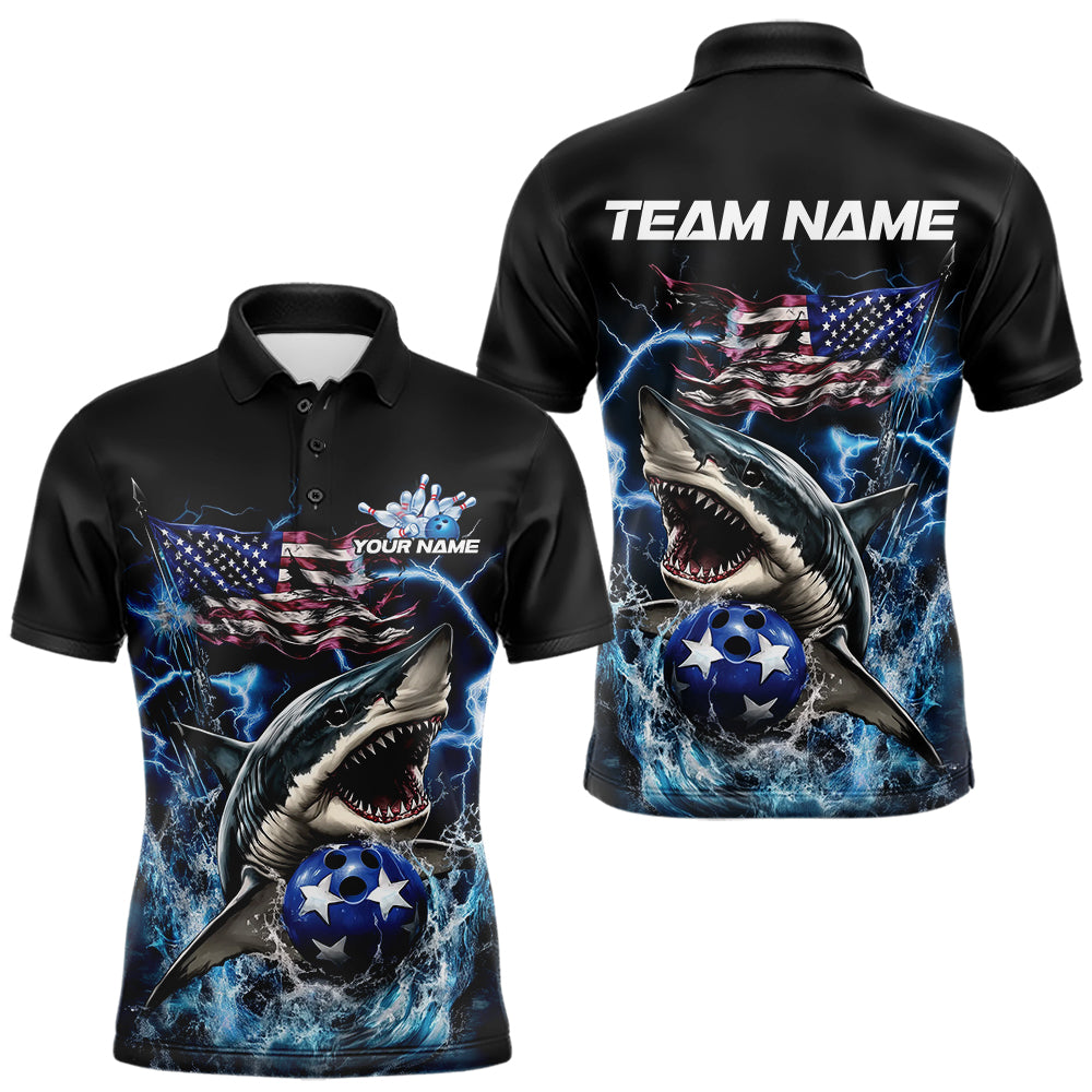 Custom Blue Lightning Patriotic Shark Bowling Team Men Polo Shirts, US Flag Bowling Shirt IPHW8942