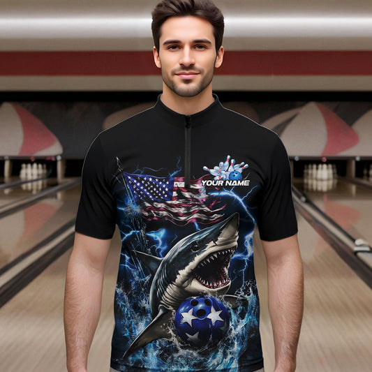 Custom Blue Lightning Patriotic Shark Bowling Team Men Quarter-Zip Shirts, US Flag Bowling Shirt IPHW8942
