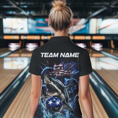 Custom Blue Lightning Patriotic Shark Bowling Team Women Quarter-Zip Shirt, US Flag Bowling IPHW8942