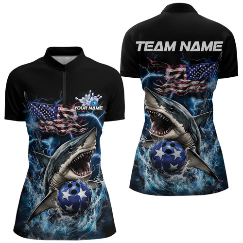 Custom Blue Lightning Patriotic Shark Bowling Team Women Quarter-Zip Shirt, US Flag Bowling IPHW8942