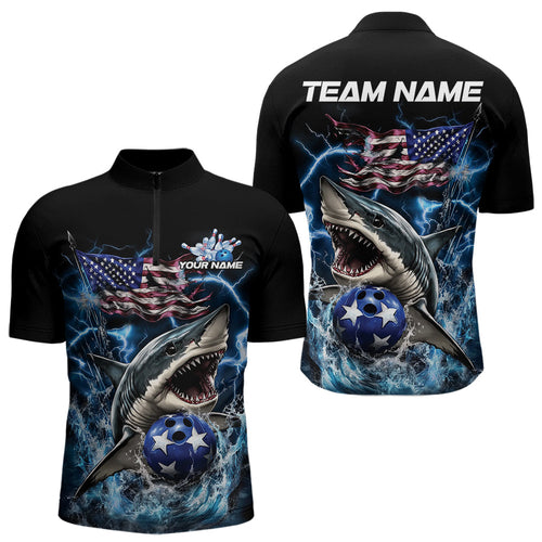 Custom Blue Lightning Patriotic Shark Bowling Team Men Quarter-Zip Shirts, US Flag Bowling Shirt IPHW8942