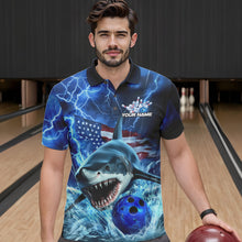 Load image into Gallery viewer, Custom Blue Lightning Patriotic Shark Bowling Team Men Polo Shirts, US Flag Bowling Shirt IPHW8943