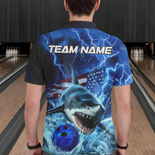 Load image into Gallery viewer, Custom Blue Lightning Patriotic Shark Bowling Team Men Polo Shirts, US Flag Bowling Shirt IPHW8943