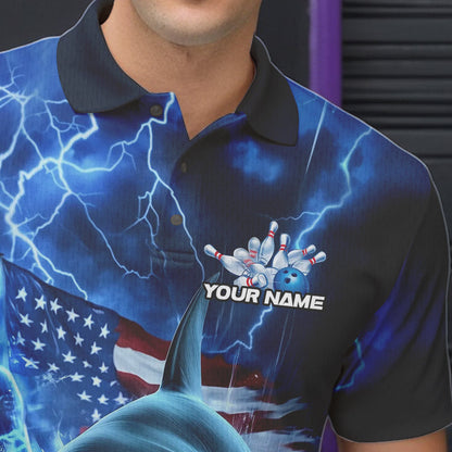 Custom Blue Lightning Patriotic Shark Bowling Team Men Polo Shirts, US Flag Bowling Shirt IPHW8943