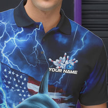 Load image into Gallery viewer, Custom Blue Lightning Patriotic Shark Bowling Team Men Polo Shirts, US Flag Bowling Shirt IPHW8943