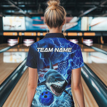 Load image into Gallery viewer, Custom Blue Lightning Patriotic Shark Bowling Team Women Polo Shirts, US Flag Bowling Shirt IPHW8943