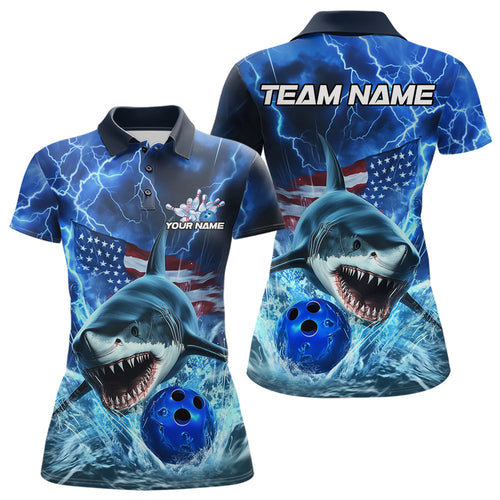 Custom Blue Lightning Patriotic Shark Bowling Team Women Polo Shirts, US Flag Bowling Shirt IPHW8943