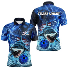 Load image into Gallery viewer, Custom Blue Lightning Patriotic Shark Bowling Team Men Polo Shirts, US Flag Bowling Shirt IPHW8943