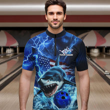 Load image into Gallery viewer, Custom Blue Lightning Patriotic Shark Bowling Team Men Quarter-Zip Shirts, US Flag Bowling Shirt IPHW8943