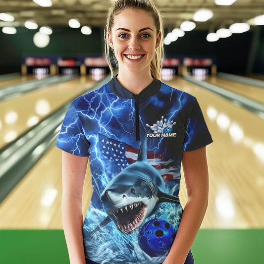 Custom Blue Lightning Patriotic Shark Bowling Women Quarter-Zip Shirt US Flag Bowling Shirt IPHW8943