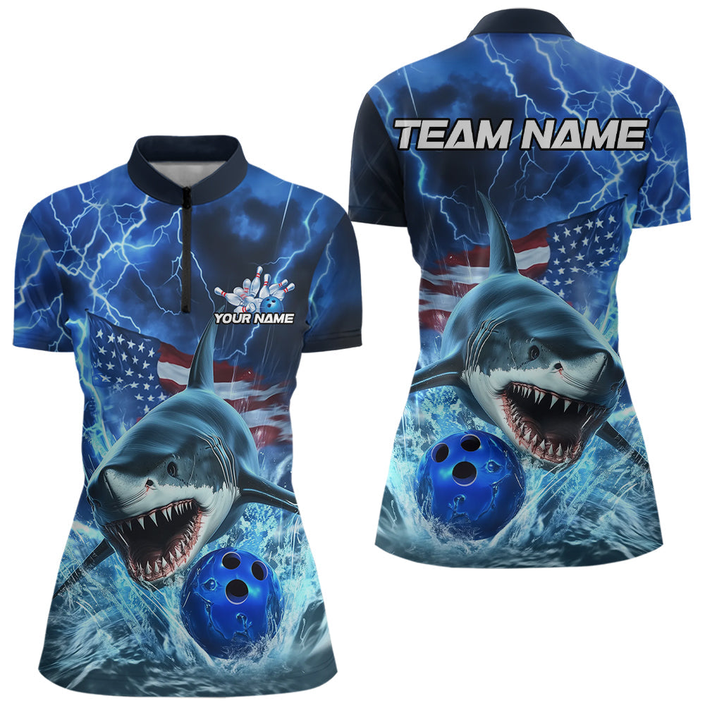 Custom Blue Lightning Patriotic Shark Bowling Women Quarter-Zip Shirt US Flag Bowling Shirt IPHW8943